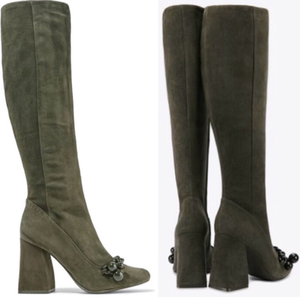 Tory Burch Addison Suede Olive Square Heeled Knee-high Boots with Chain 10.5M - Picture 3 of 15